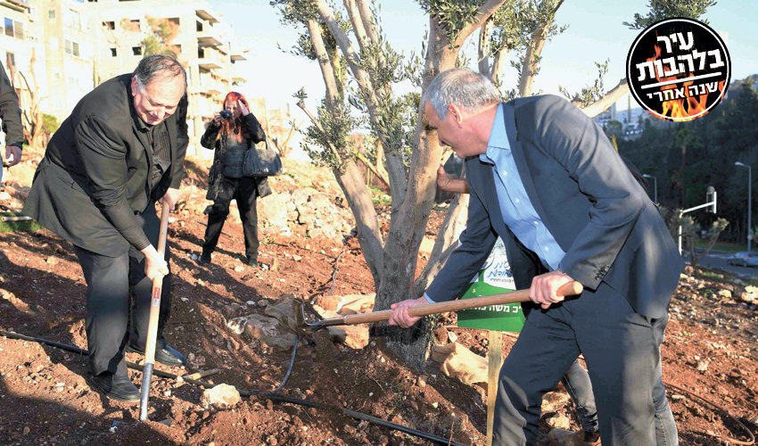 יונה יהב ומשה כחלון נוטעים את העץ הראשון בתחילת תהליך השיקום (צילום: ראובן כהן)