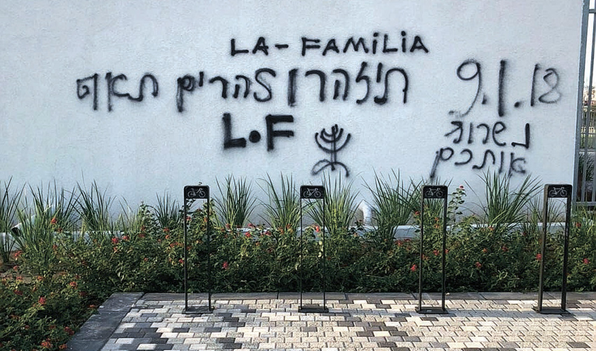 כתובות הנאצה על קירות קריית הספורט. ארגון לה פמיליה מתכונן למשחק מול הפועל חיפה (צילום: החברה הכלכלית לחיפה)