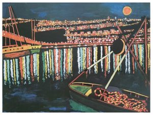 נמל חיפה בלילה (ציור: אליס ארבל, לפי הצילומים הליליים של אבי ברנע)