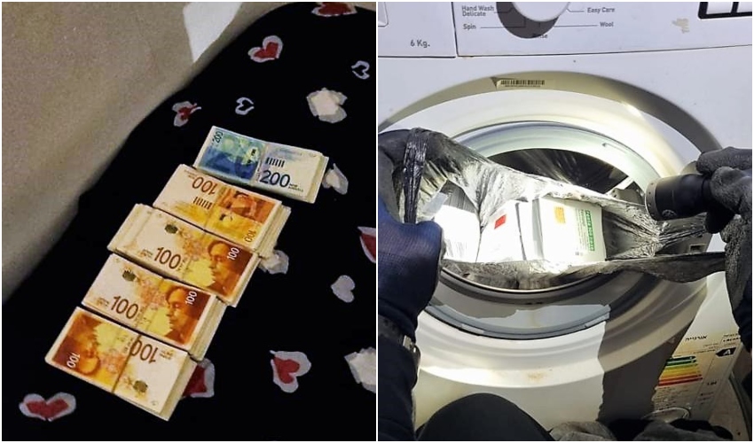 תרופות שהוסלקו במכונת כביסה וכסף מזומן (צילום: דוברות המשטרה)