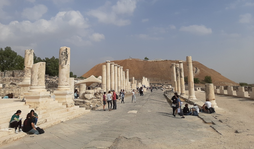 תלמידי היסטוריה בליאו באק בין עתיקות בית שאן (צילום: בית ספר ליאו באק)