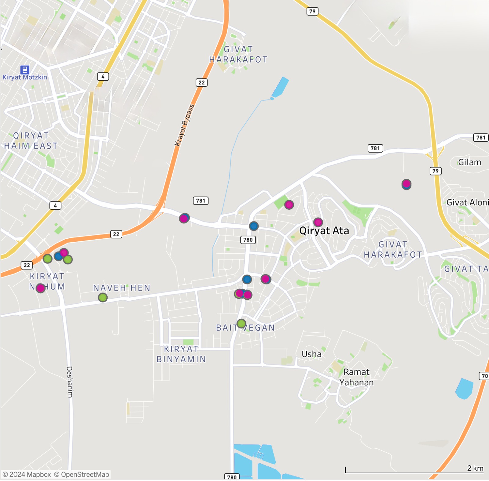 מפת הסלולר בקרית אתא (צילום מתוך אתר משרד התקשורת)