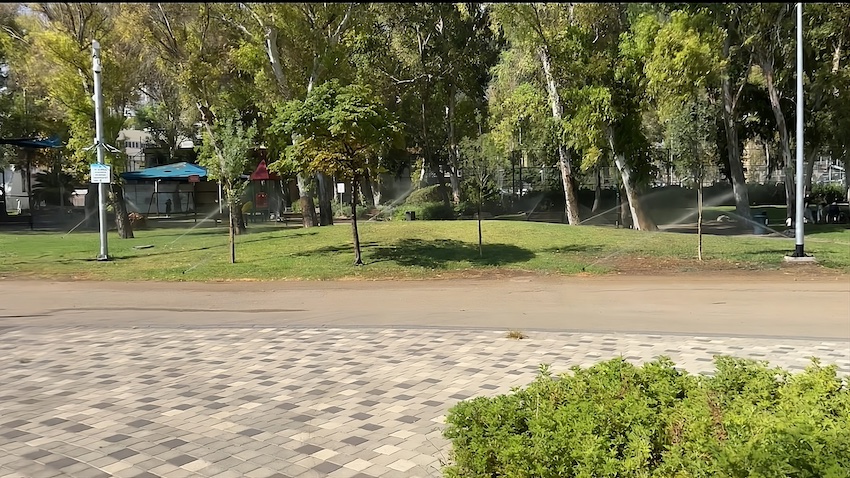 ממטרות בפעולה בשעות הבוקר המאוחרות בטיילת קרית אליעזר (צילום: חיים אור הובר)
