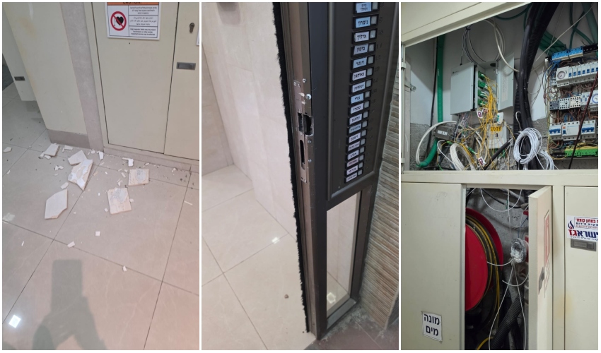 הנזקים שהסבו הפורעים ללובי הבניין ולדלת הכניסה (צילומים: פרטיים)